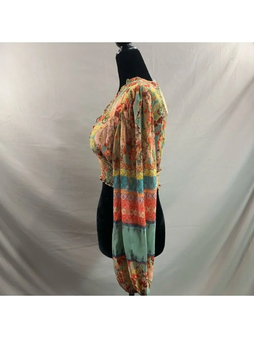 Lantern Sleeve Frilled Shirred Panel Floral & Paisley Print Top - Picture 9 of 10